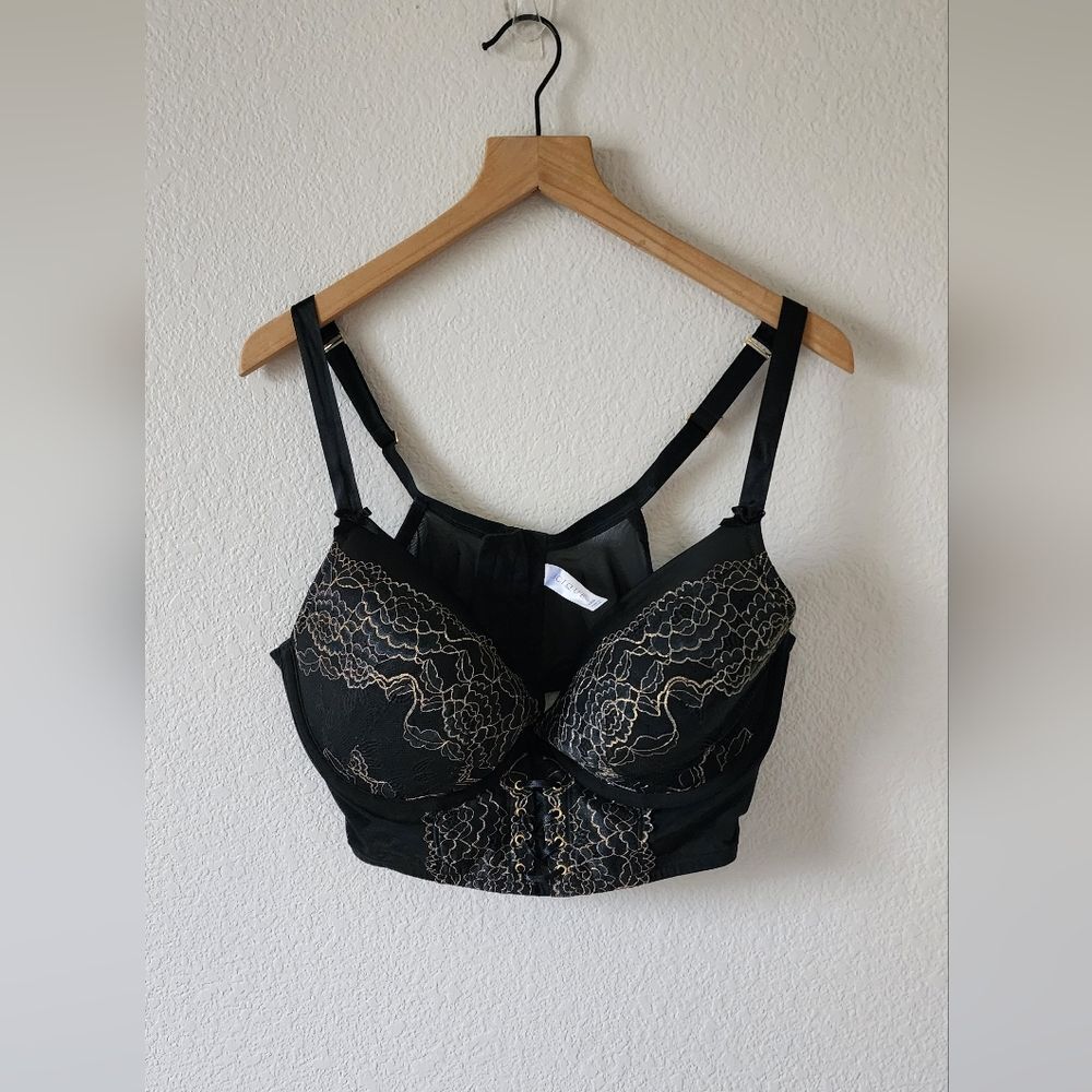 Cacique Boost Plunge Underwire Black Gold Lace 42DD Bra